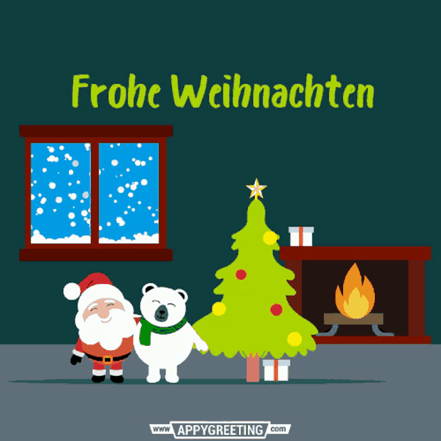 a christmas card that says frohe weihnachten with santa and a polar bear