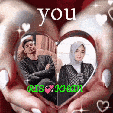 a couple of hands holding a heart with a picture of a man and a woman in it .