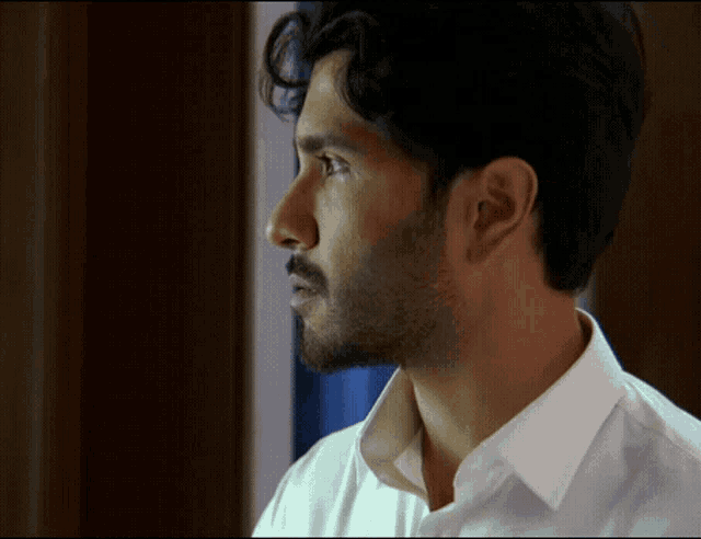 a man with a beard and a white shirt looks to the side
