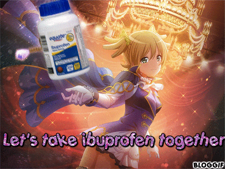 an anime girl is holding a bottle of ibuprofen in her hands