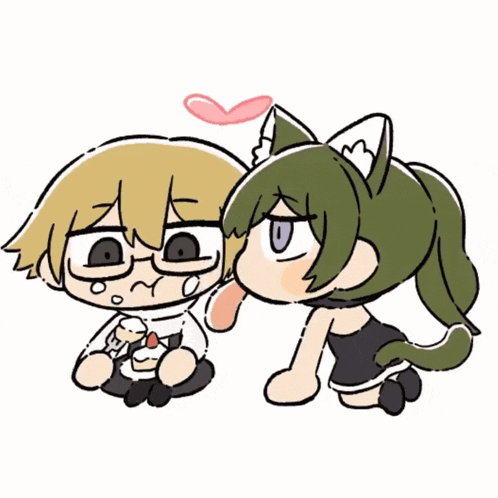 a girl with cat ears is kissing a boy with glasses