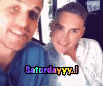 a man and woman are posing for a picture and the caption says saturday