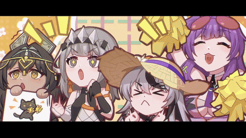 a group of anime girls are posing for a picture and one of them is wearing a straw hat