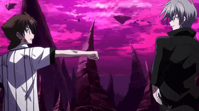 two anime characters standing next to each other with a pink sky in the background