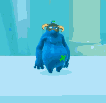 a blue cartoon character with horns and a green x on his butt