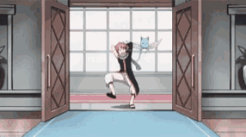 a cartoon character is standing in a doorway with a cat flying in the background