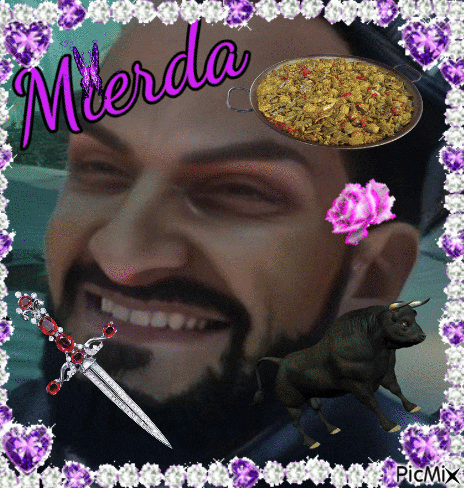 a picture of a man with a bull and a plate of food with the word mierda on it