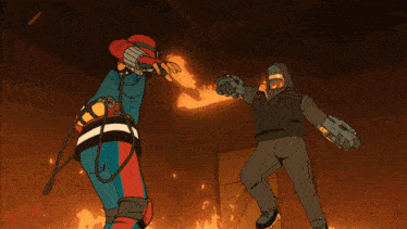 a cartoon drawing of a man holding a gun and another man holding a fire hose
