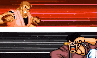 a pixel art of two men fighting each other with a red background