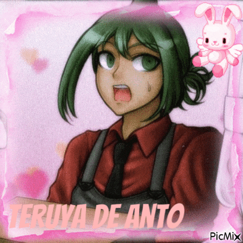 a picture of teruya de anto with a pink bunny behind her