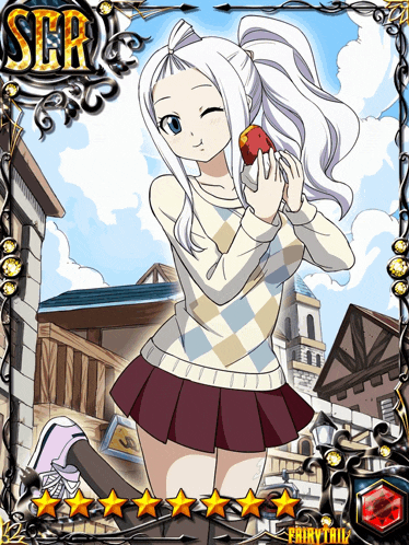a fairy tail card with a girl holding a red apple in her hands