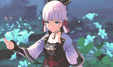 a girl with purple hair is standing in front of some flowers