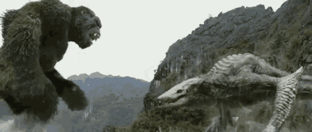 a giant gorilla and a giant lizard are fighting each other in the mountains .