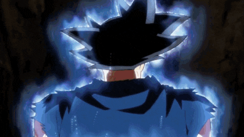 the back of a cartoon character with a blue shirt and a black hat