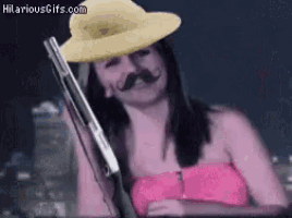 a woman with a hat and mustache is holding a shotgun ..