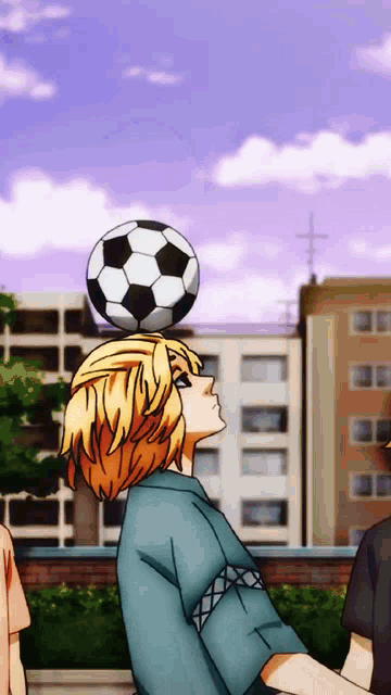 a cartoon character is balancing a soccer ball on his head ..
