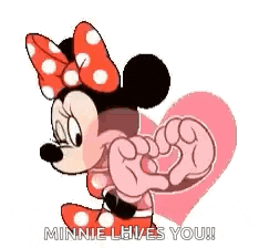 minnie mouse is making a heart with her hands and says `` minnie loves you '' .
