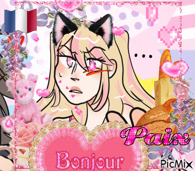 a picture of a girl with cat ears and the words bonjour on it