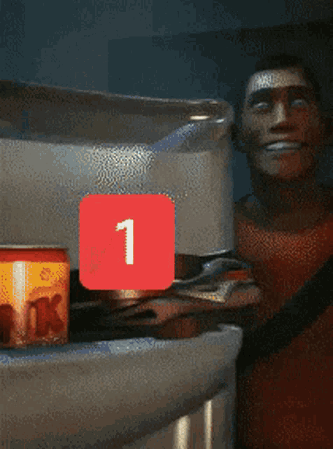 a cartoon character is standing next to a refrigerator with a red square with the number 1 on it .
