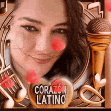 a picture of a woman with a microphone and a heart that says corazon latino