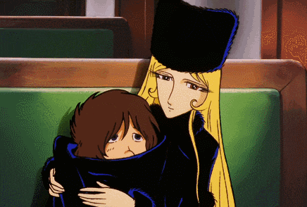 a cartoon drawing of a woman hugging a boy