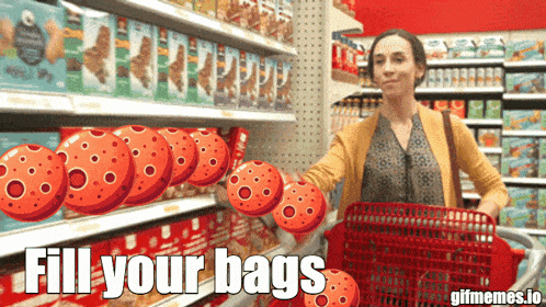 a woman pushing a shopping cart in a grocery store with the words fill your bags on the bottom