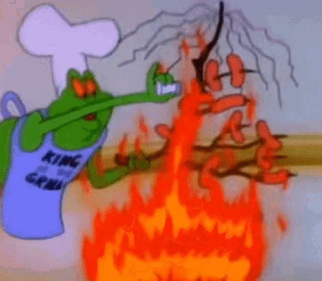 a cartoon frog is cooking sausages on a grill .