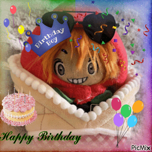 a birthday card with a stuffed toy wearing a birthday boy hat