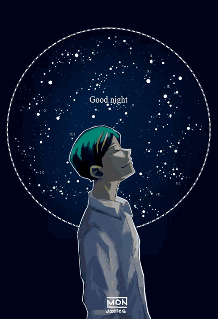 a man with green hair is looking up at the night sky with the words good night written above him