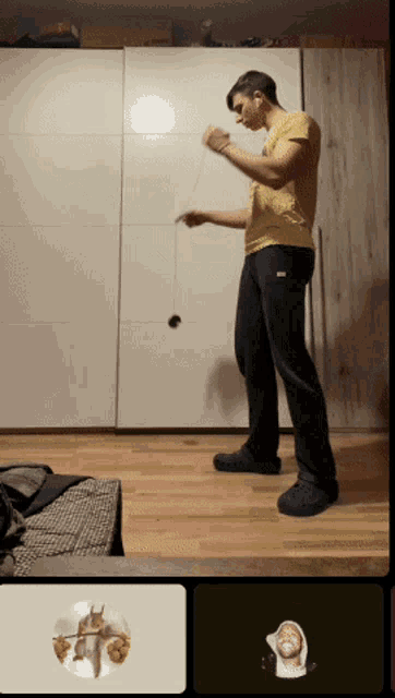a man in a yellow shirt is juggling a ball