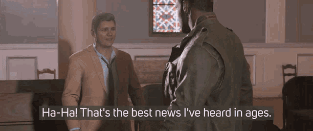 a man in a suit and tie talks to another man in a military uniform in a video game
