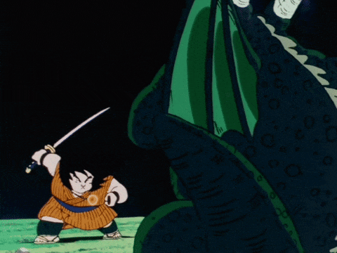 a cartoon character is holding a sword in front of a green monster