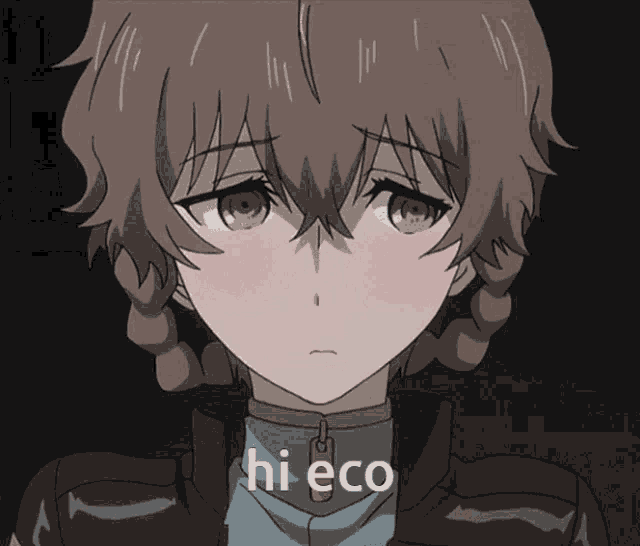 a close up of a girl with the words hi eco written on it