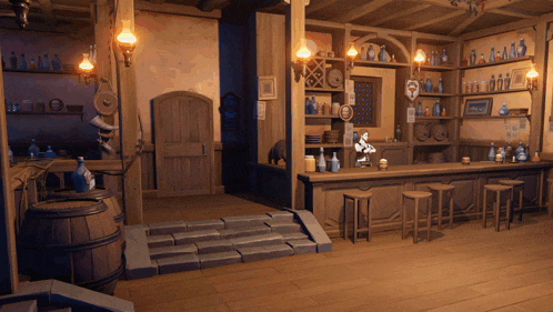 a bar with stools and bottles on shelves