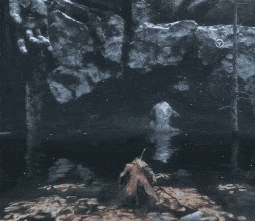a person in a video game is standing in the water with a sword