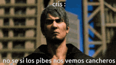 a man in a black shirt is standing in front of a city skyline with the words " cris " written above him