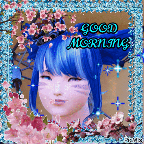 a girl with blue hair is surrounded by flowers and says good morning