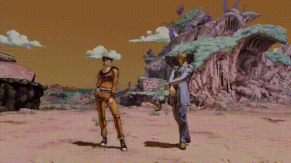 a pixel art of two people standing in a desert .