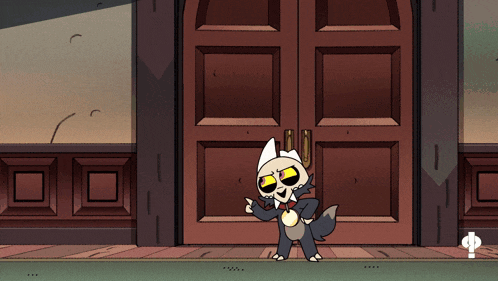 king from the owl house is standing in front of a wooden door