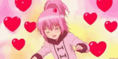 a girl with pink hair is surrounded by red hearts and is dancing .