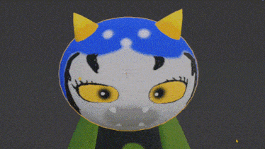 a 3d model of a cat with yellow eyes and blue horns