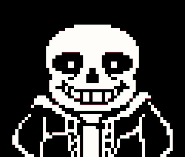 a pixel art of a skeleton with a red heart in his mouth