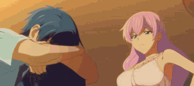 a girl with pink hair is standing next to a boy