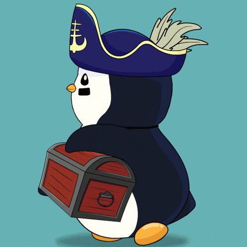 a penguin wearing a pirate hat is carrying a chest