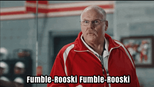 a man in a red jacket says fumble rooski fumble rooski