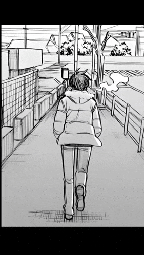 a black and white drawing of a person walking
