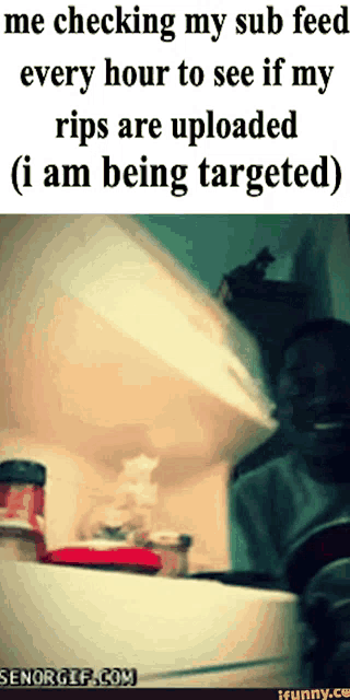 a meme that says me checking my sub feed every hour to see if my rips are uploaded ( i am being targeted