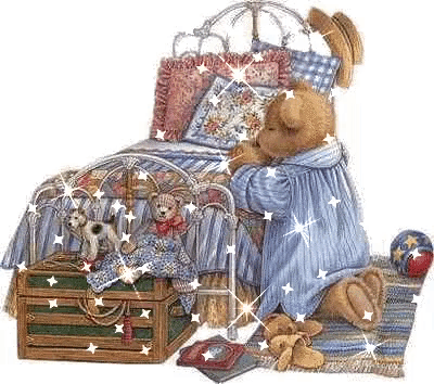 a teddy bear is kneeling in front of a bed with two teddy bears .