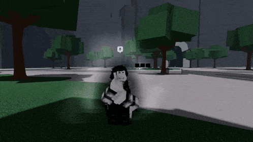 a cartoon character is standing in a park with trees and buildings in the background