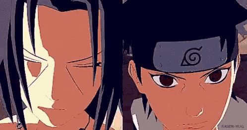 two anime characters , sasuke and itachi , are standing next to each other and looking at the camera .